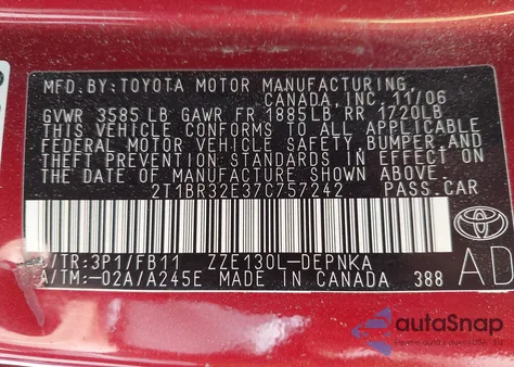 2007 Toyota Corolla Ce/Le/S z USA, uszkodzony, nr VIN 2T1BR32E37C757242